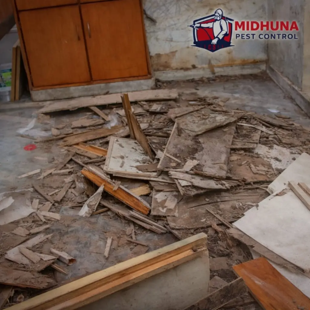 Termite wood damage debris and cleanup by Midhuna Pest Control